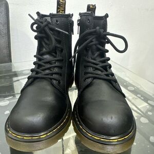 Dr. Martens Kids Black Lace-Up Ankle Boots with Yellow Welt Stitching